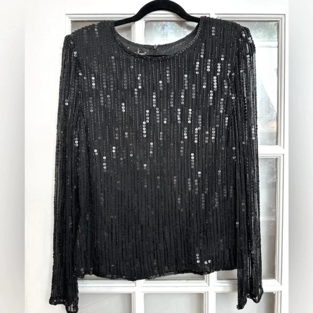 Vintage Laurence Kazar 100% Silk Black Beaded Sequins Evening Blouse Size Medium